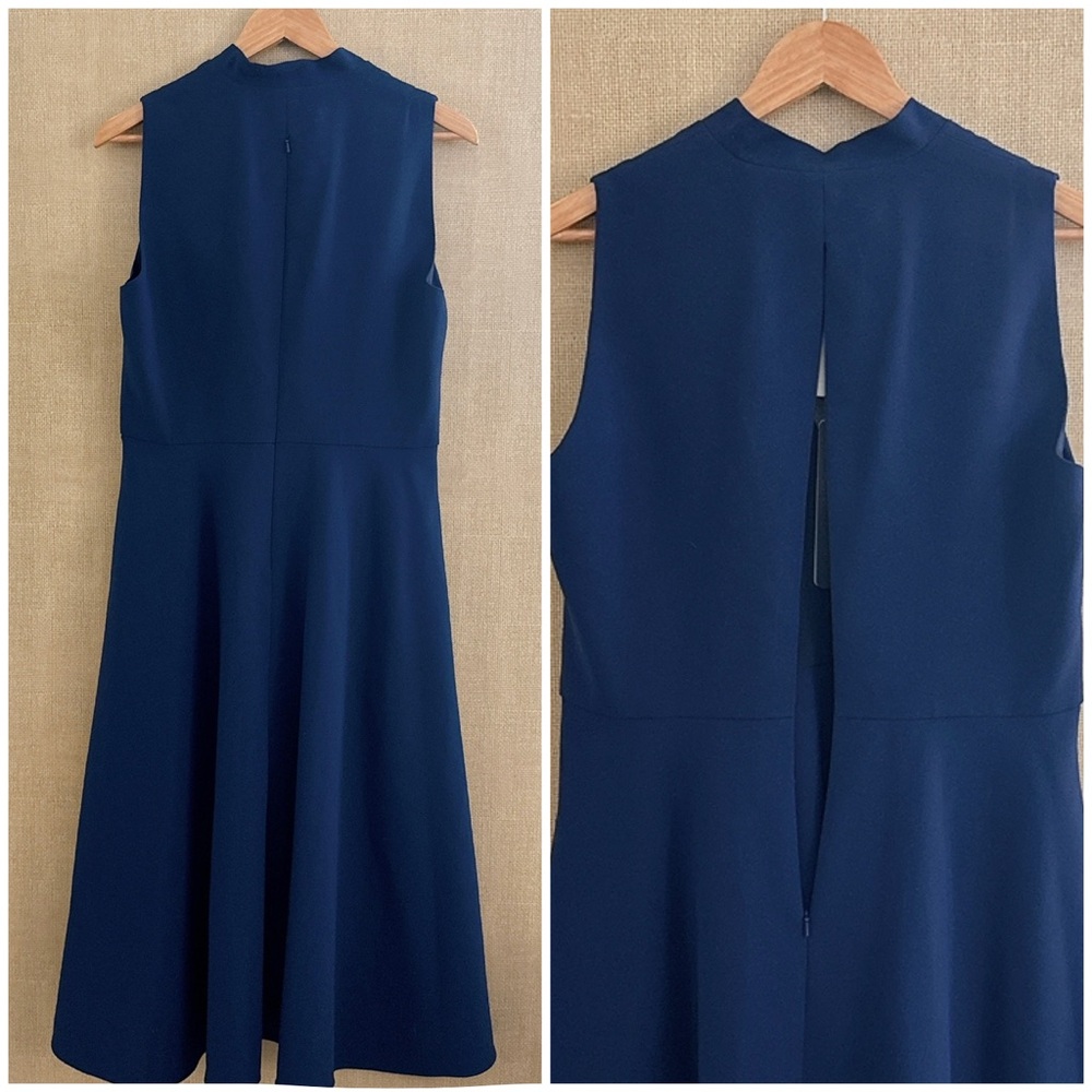 Black Halo Carolina Dress 14 Blue Career Sleeveless Modern Tie Neck Midi Length - Picture 8 of 16